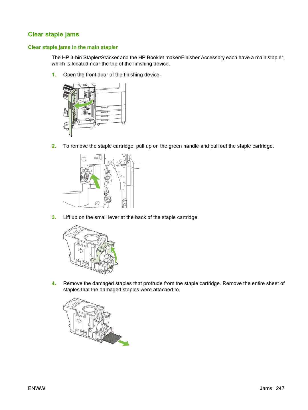 HP CM6049f MFP manual Clear staple jams in the main stapler 