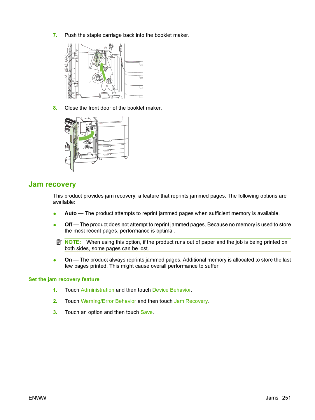 HP CM6049f MFP manual Jam recovery, Set the jam recovery feature 