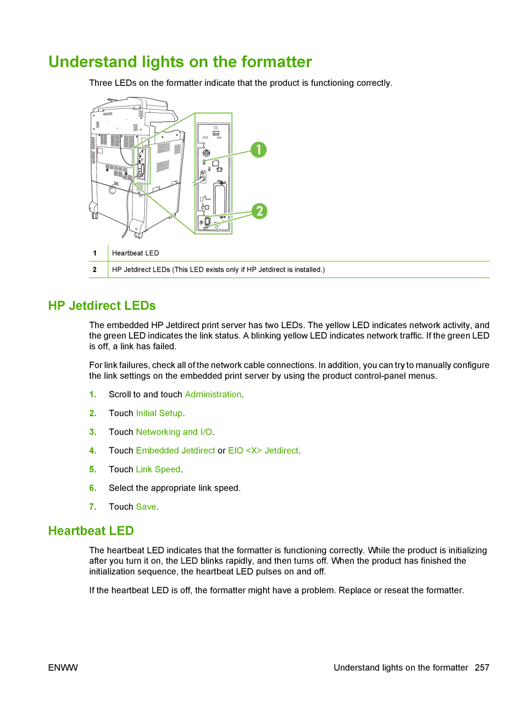 HP CM6049f MFP manual Understand lights on the formatter, HP Jetdirect LEDs, Heartbeat LED 