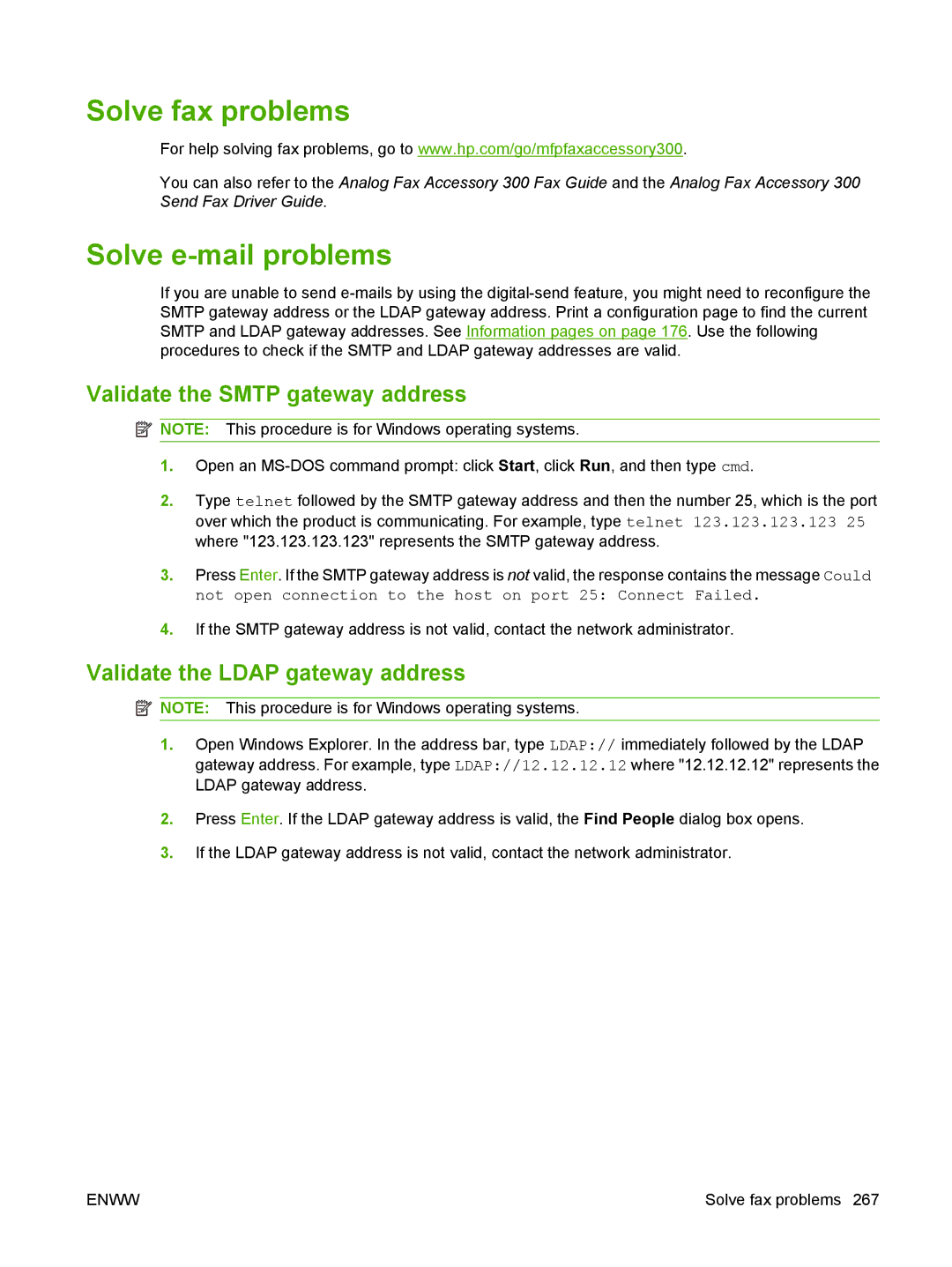 HP CM6049f MFP manual Solve fax problems, Solve e-mail problems, Validate the Smtp gateway address 