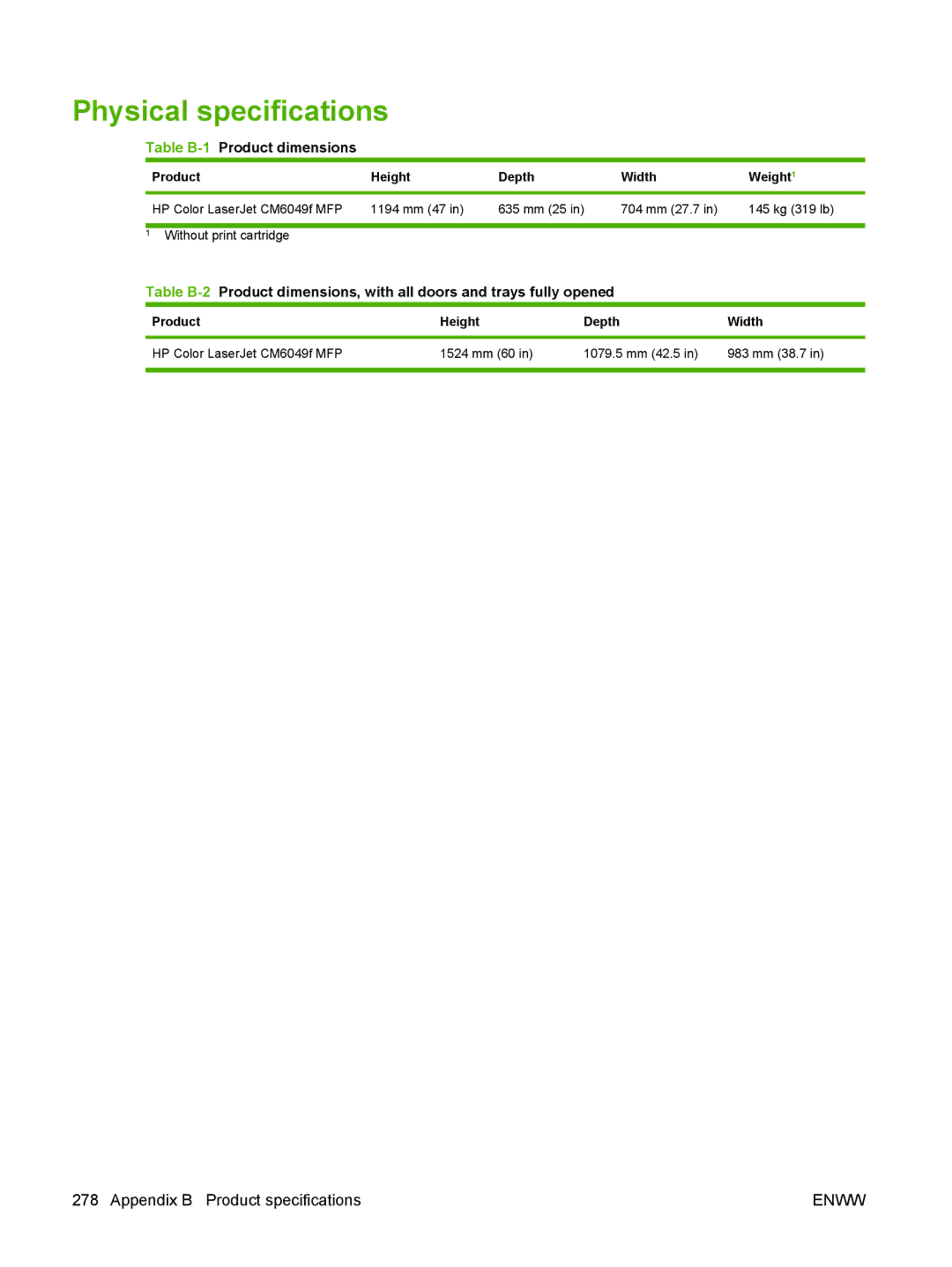 HP CM6049f MFP manual Physical specifications, Table B-1Product dimensions, Product Height Depth Width Weight 