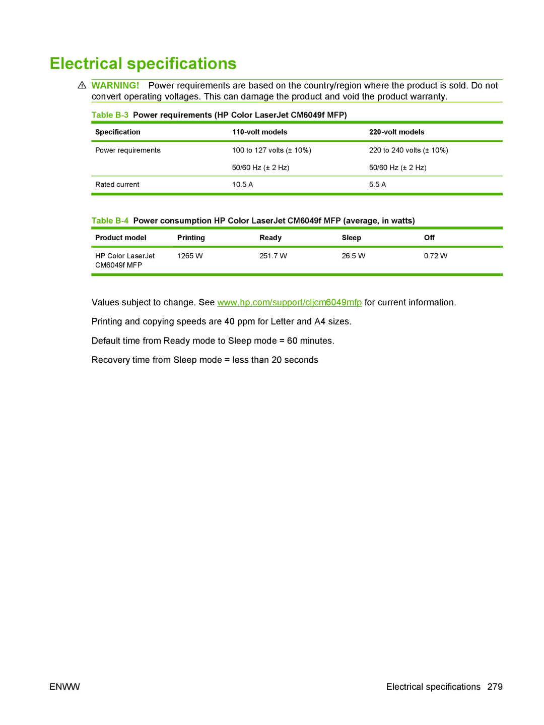 HP Electrical specifications, Table B-3Power requirements HP Color LaserJet CM6049f MFP, Specification Volt models 