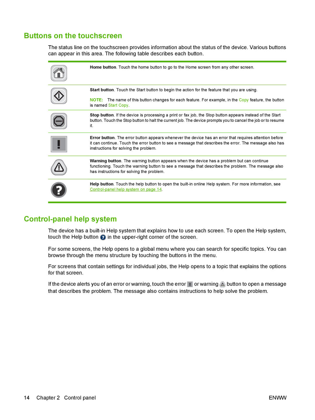 HP CM6049f MFP manual Buttons on the touchscreen, Control-panel help system on 