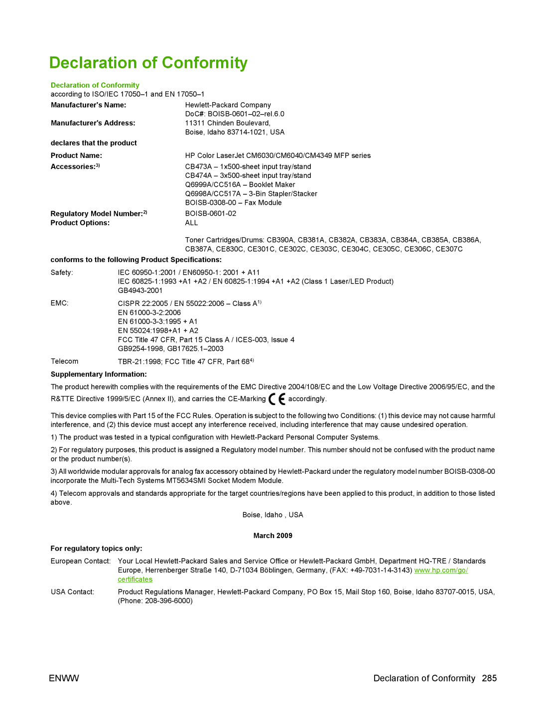 HP CM6049f MFP manual Declaration of Conformity 