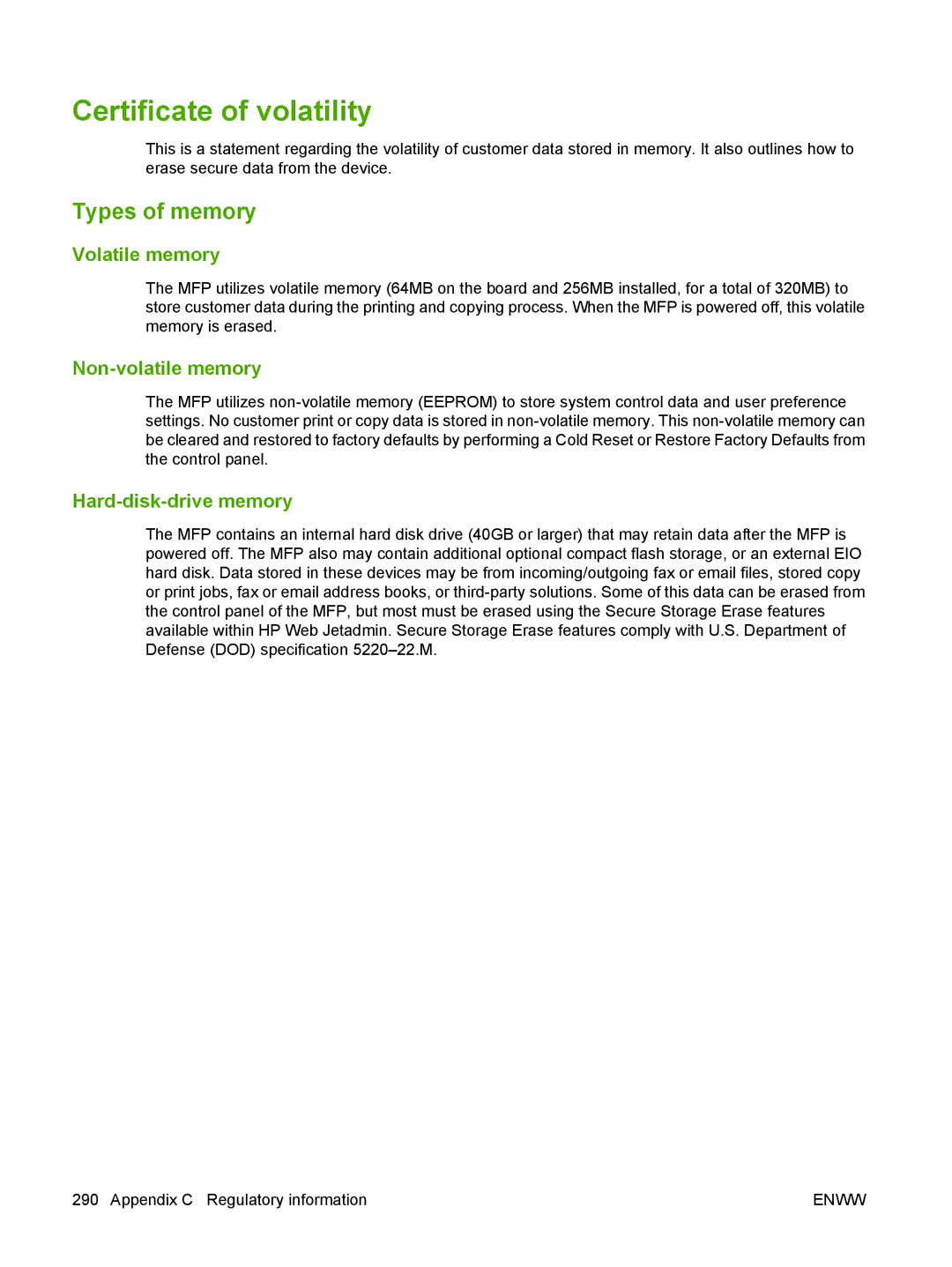 HP CM6049f MFP Certificate of volatility, Types of memory, Volatile memory, Non-volatile memory, Hard-disk-drive memory 