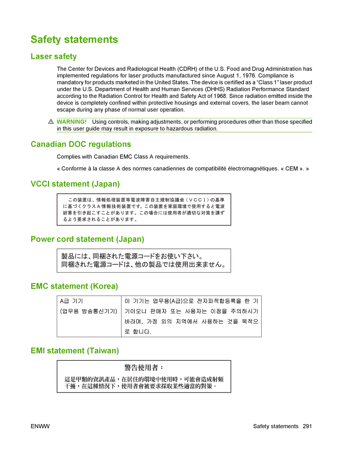 HP CM6049f MFP manual Safety statements, Laser safety, Canadian DOC regulations 