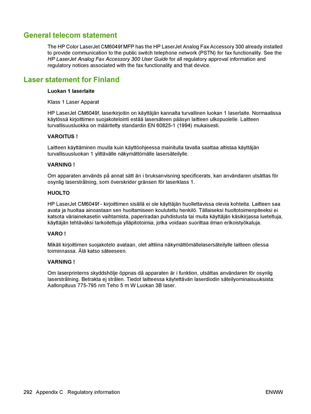 HP CM6049f MFP manual General telecom statement, Laser statement for Finland 