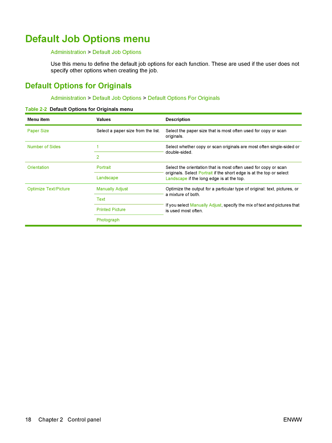 HP CM6049f MFP Default Job Options menu, Default Options for Originals, Administration Default Job Options, Double-sided 