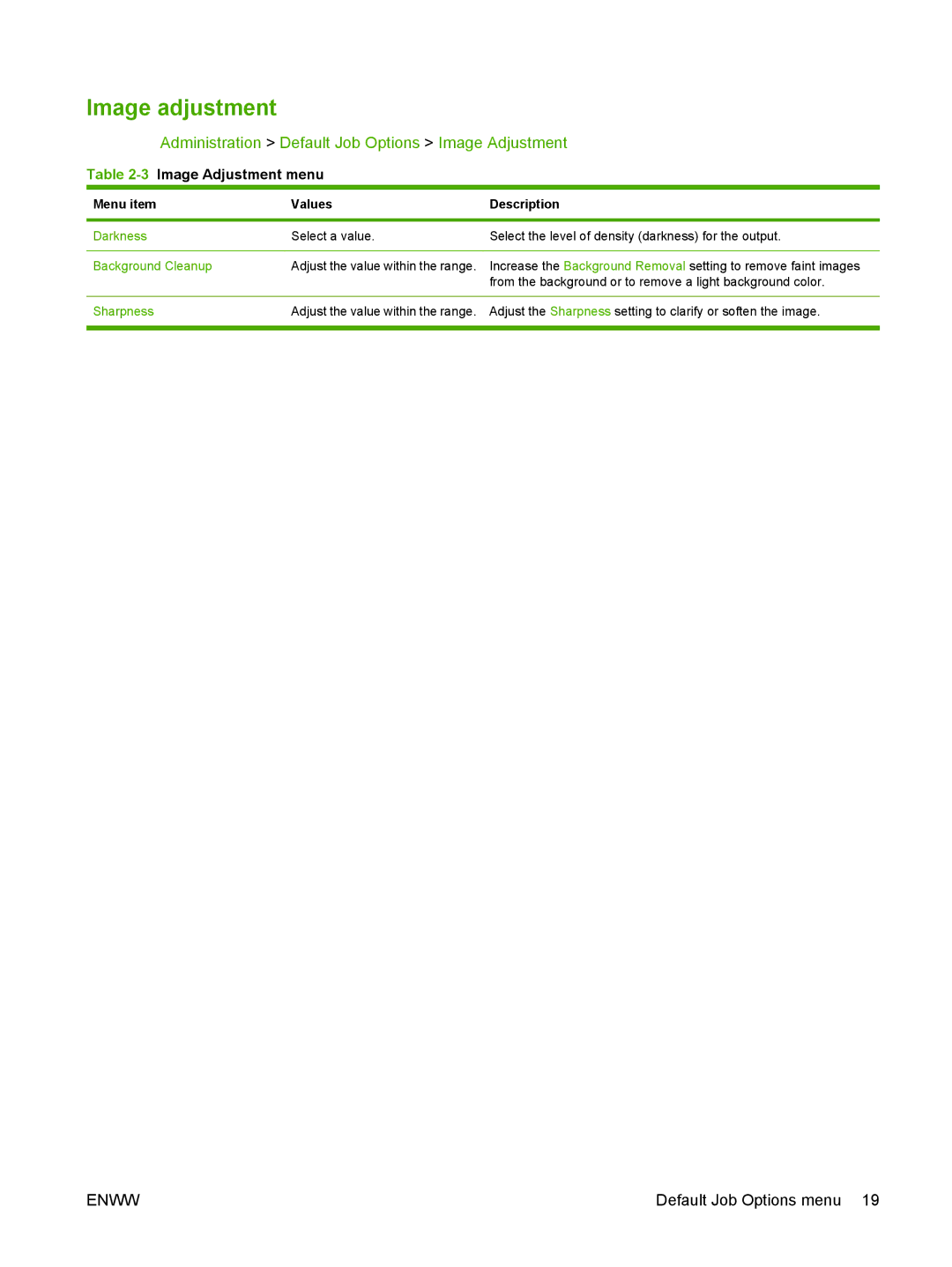 HP CM6049f MFP manual Image adjustment, Administration Default Job Options Image Adjustment, 3Image Adjustment menu 