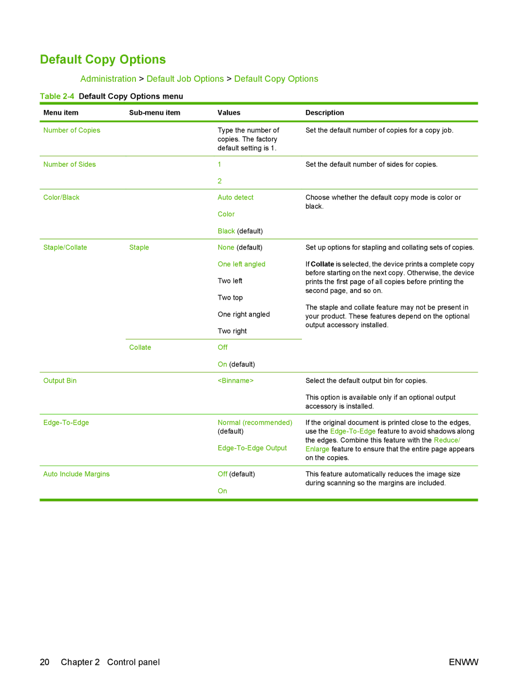 HP CM6049f MFP manual Administration Default Job Options Default Copy Options, 4Default Copy Options menu 