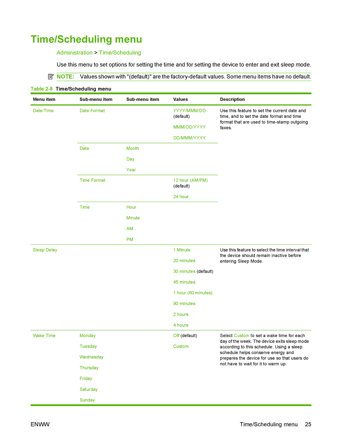 HP CM6049f MFP manual Administration Time/Scheduling, 8Time/Scheduling menu 