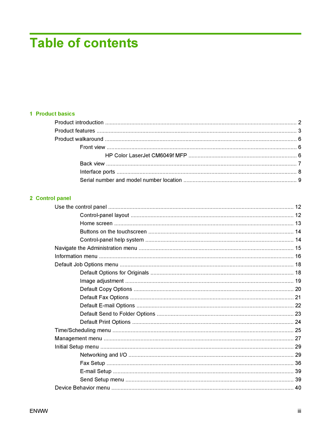 HP CM6049f MFP manual Table of contents 