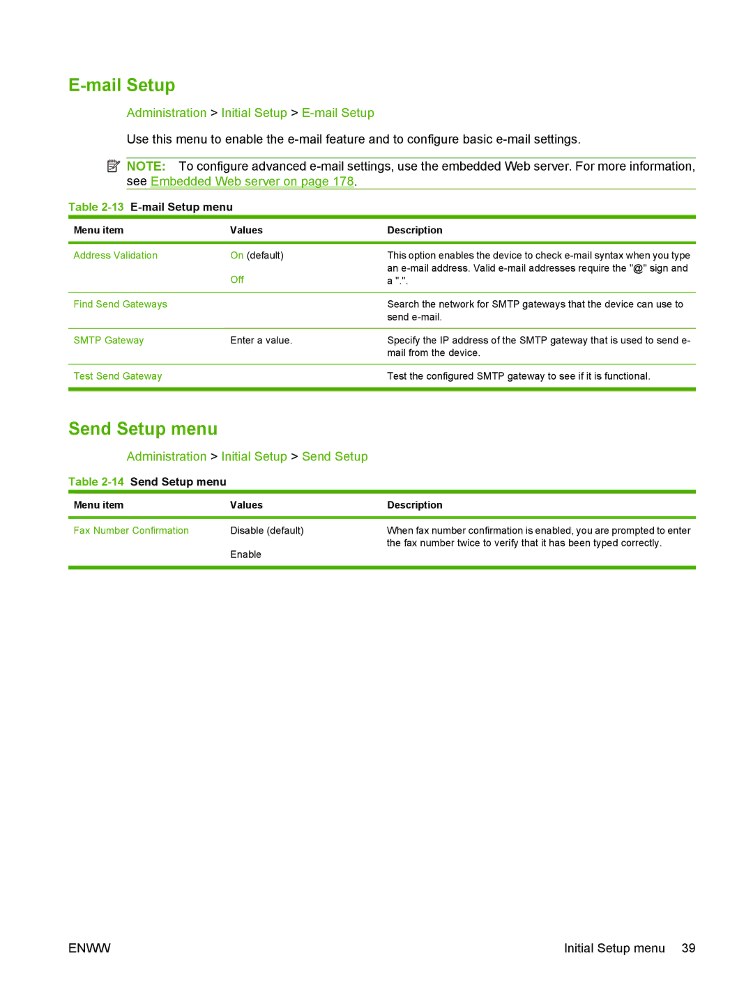 HP CM6049f MFP manual Mail Setup, Send Setup menu, Administration Initial Setup E-mail Setup 