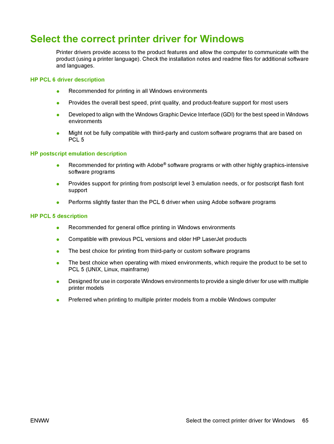 HP CM6049f MFP manual Select the correct printer driver for Windows, HP PCL 6 driver description, HP PCL 5 description 