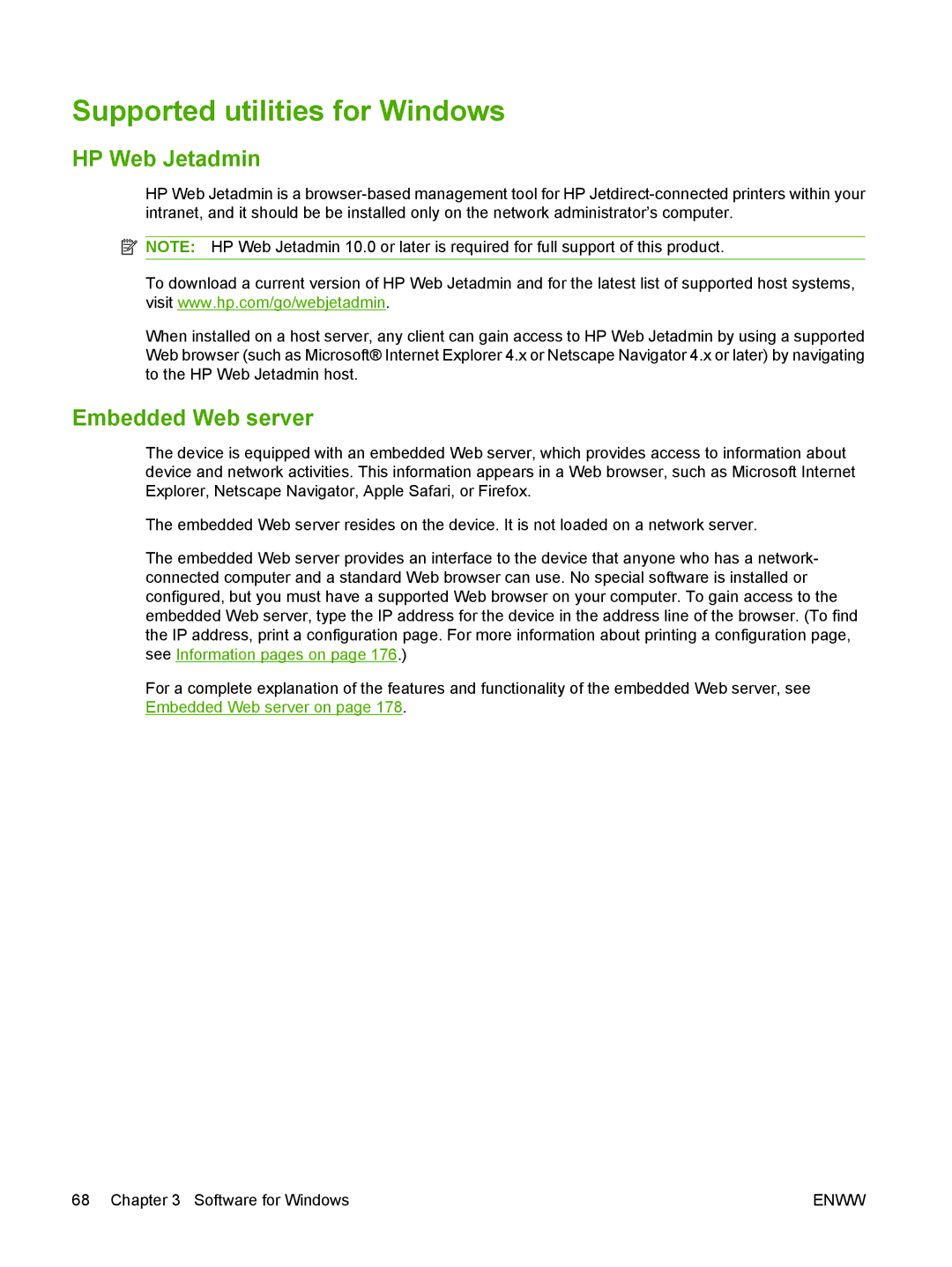 HP CM6049f MFP manual Supported utilities for Windows, HP Web Jetadmin, Embedded Web server 