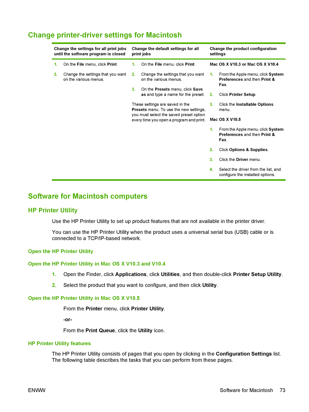 HP CM6049f MFP manual Change printer-driver settings for Macintosh, Software for Macintosh computers, HP Printer Utility 