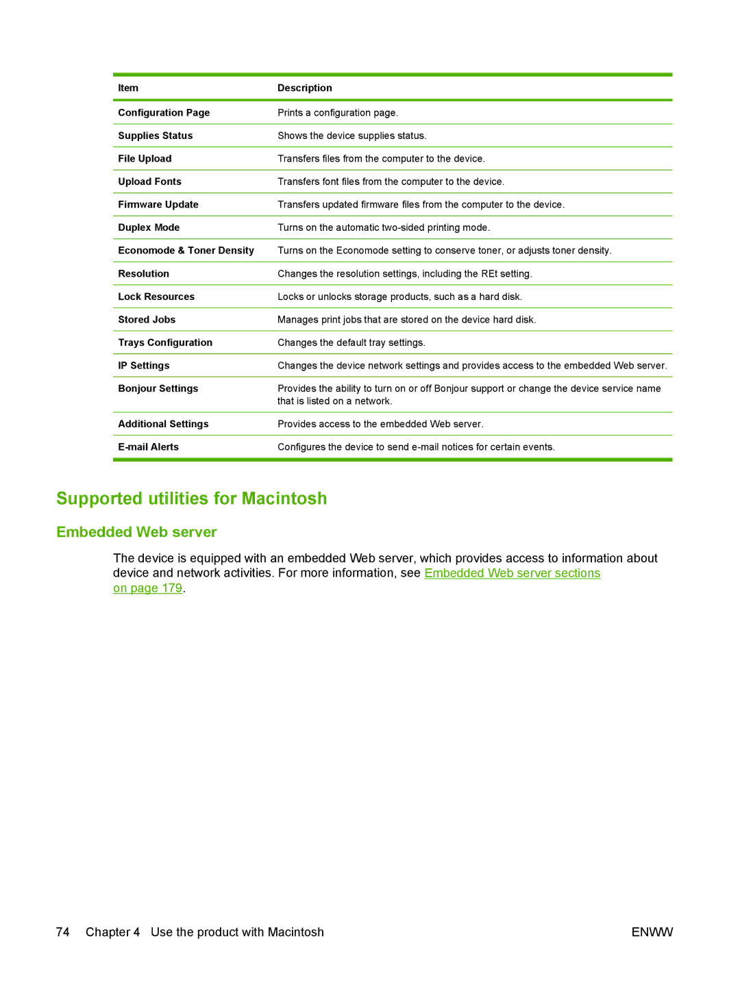 HP CM6049f MFP manual Supported utilities for Macintosh, Embedded Web server 