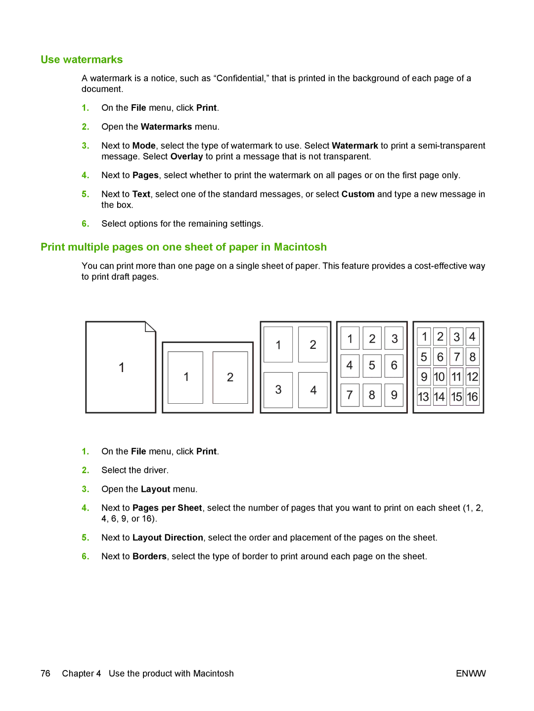 HP CM6049f MFP manual Use watermarks, Print multiple pages on one sheet of paper in Macintosh 