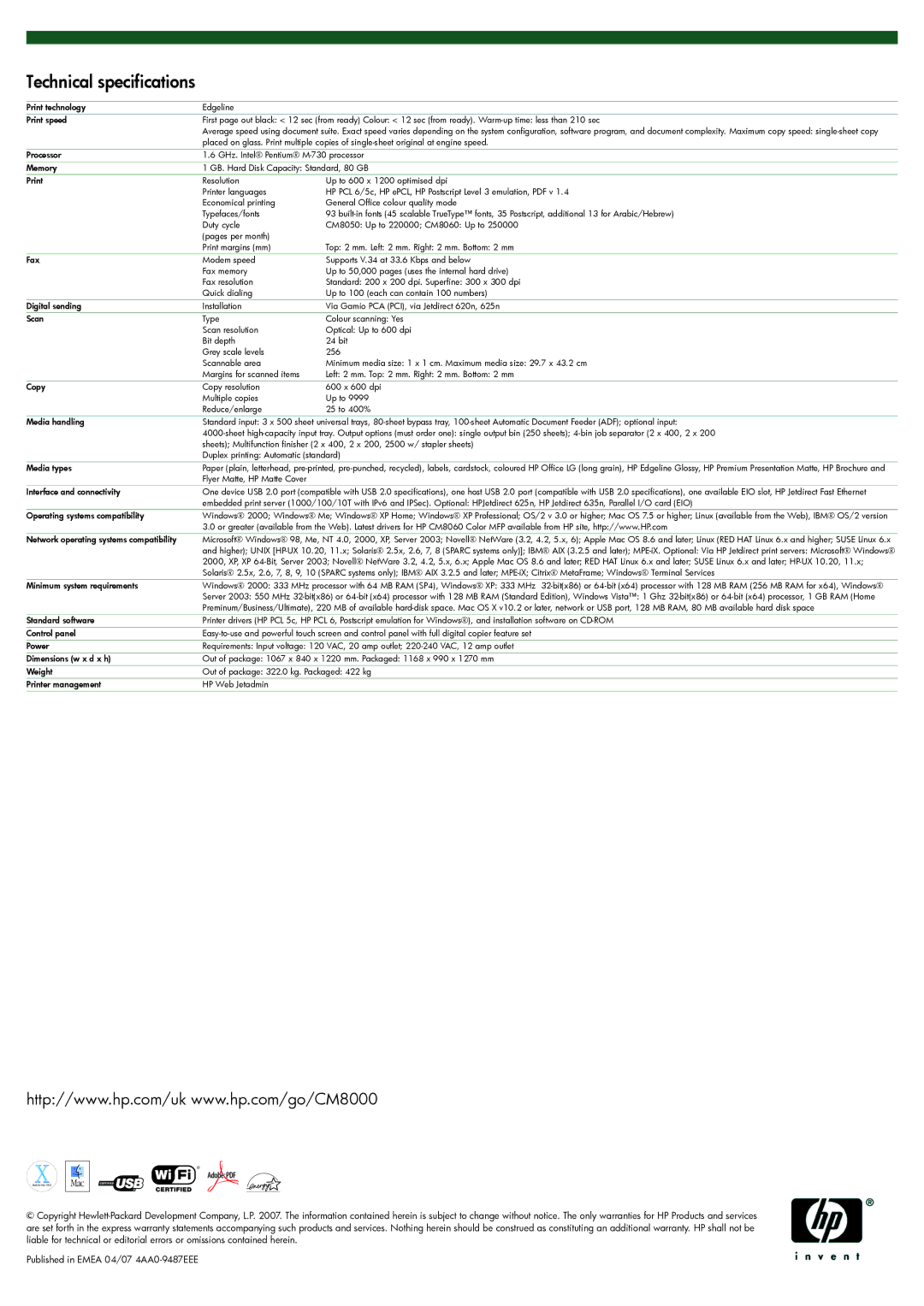 HP CM8050 MFP manual Technical specifications 