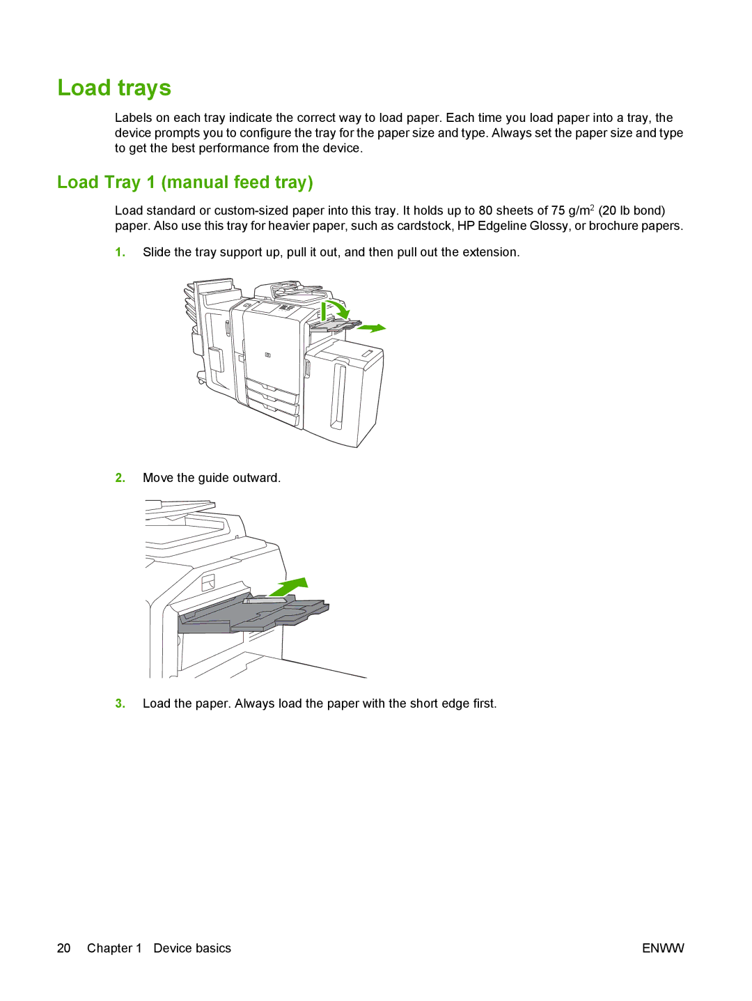 HP CM8060 Color with Edgeline Technology Load trays, Load Tray 1 manual feed tray 