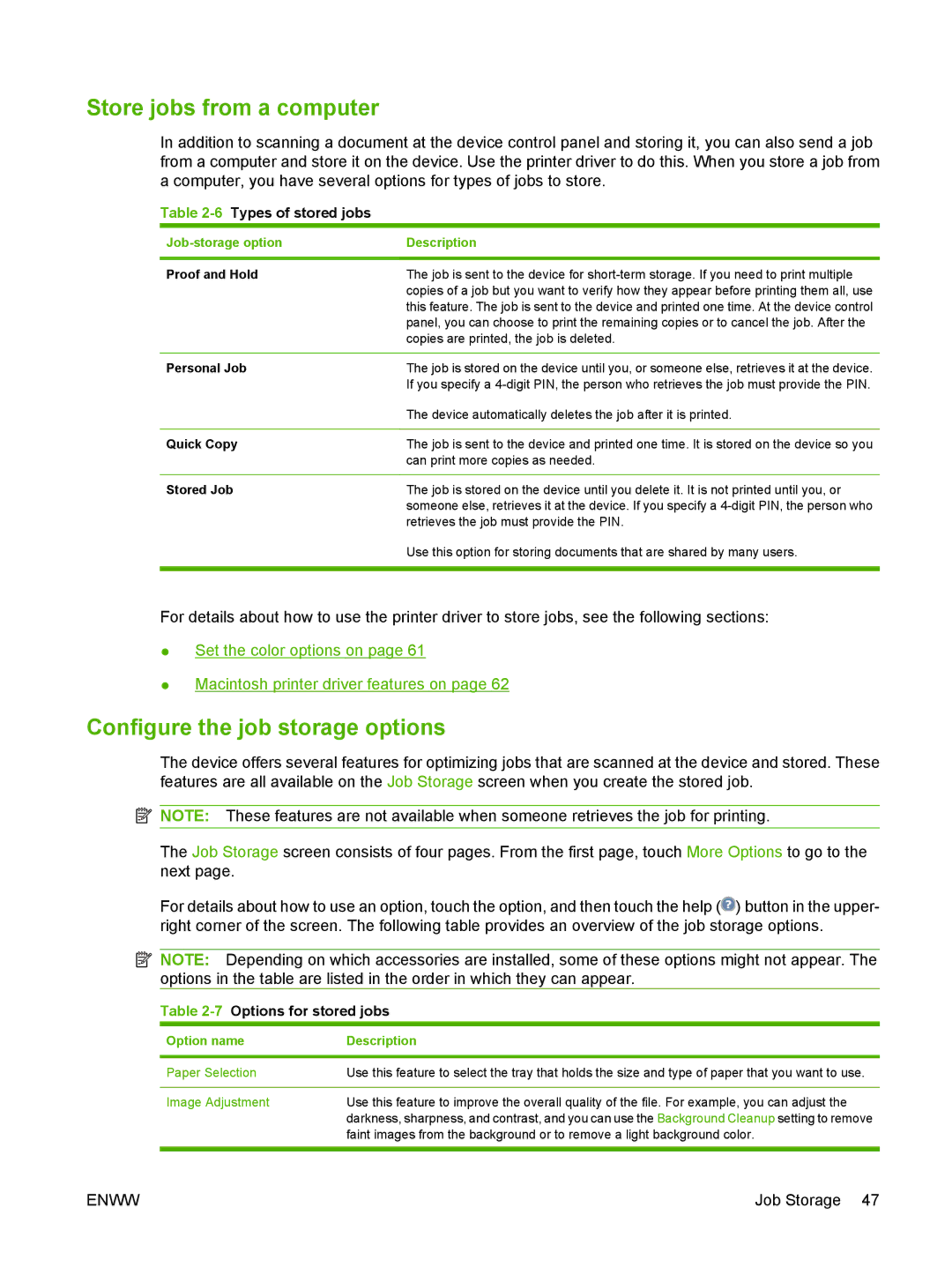 HP CM8060 Color with Edgeline Technology manual Store jobs from a computer, Configure the job storage options 