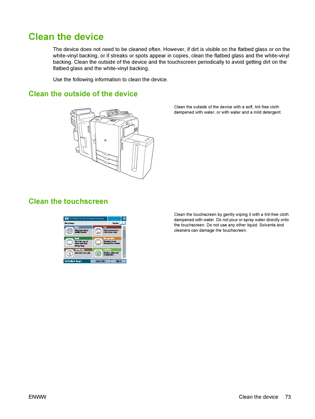 HP CM8060 Color with Edgeline Technology manual Clean the device, Clean the outside of the device, Clean the touchscreen 