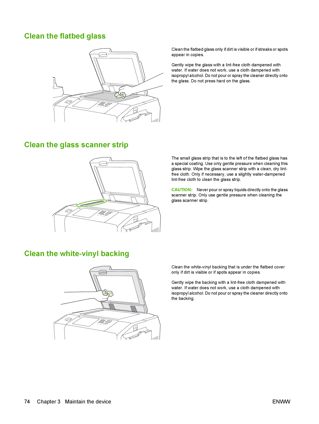 HP CM8060 Color with Edgeline Technology manual Clean the flatbed glass, Clean the glass scanner strip 