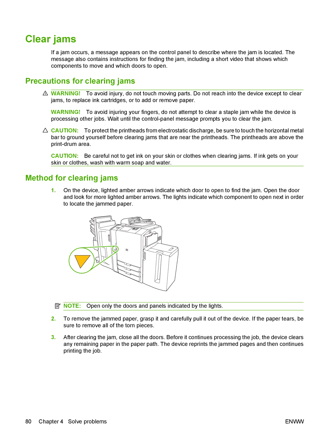 HP CM8060 Color with Edgeline Technology manual Clear jams, Precautions for clearing jams Method for clearing jams 