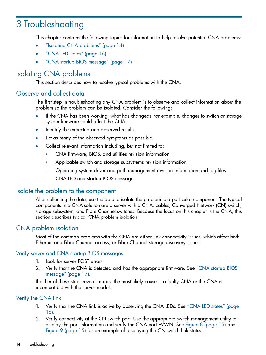 HP CN1100E manual Troubleshooting, Isolating CNA problems, Observe and collect data, Isolate the problem to the component 