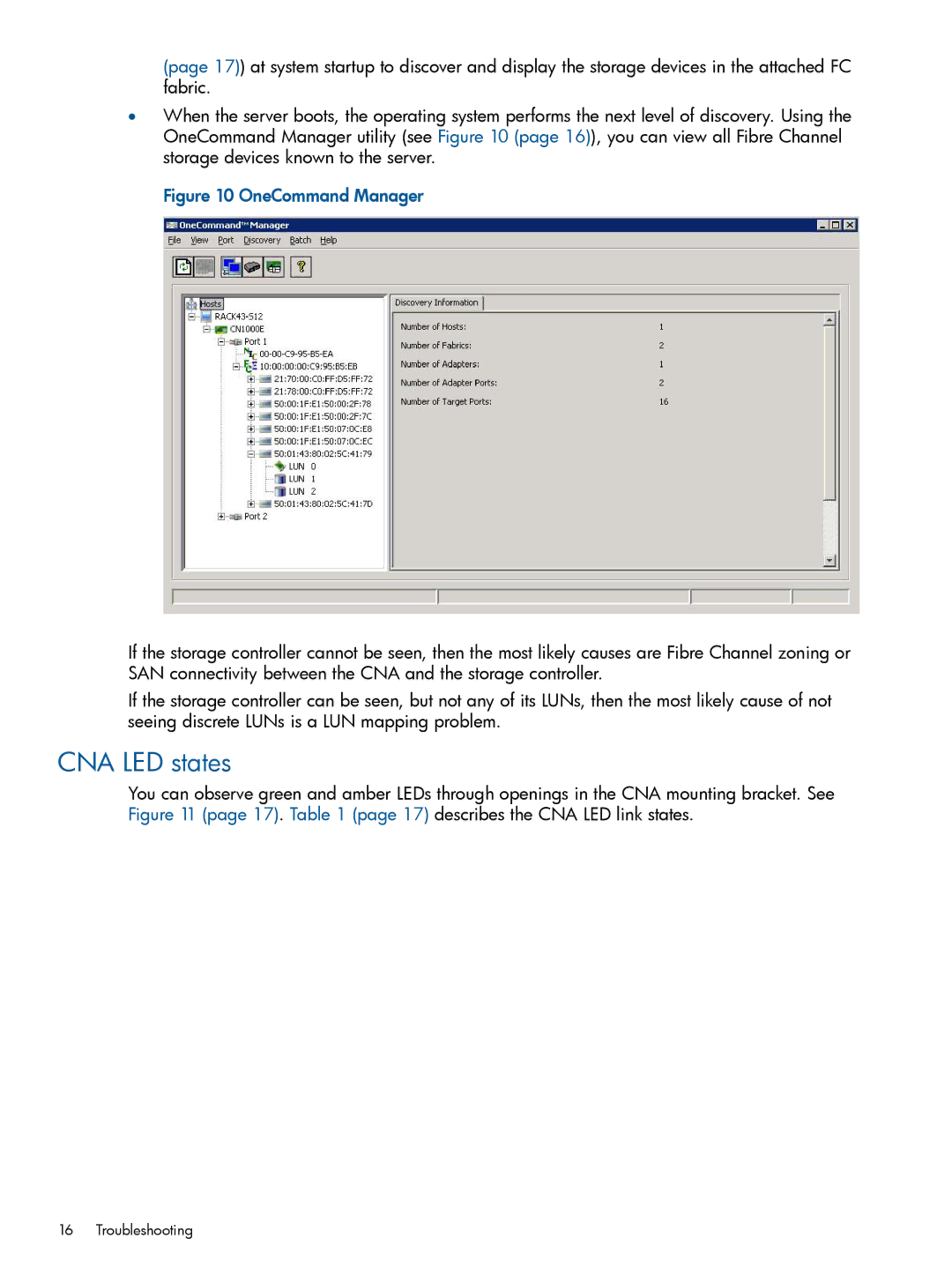 HP CN1100E, CN1000E manual CNA LED states, OneCommand Manager 