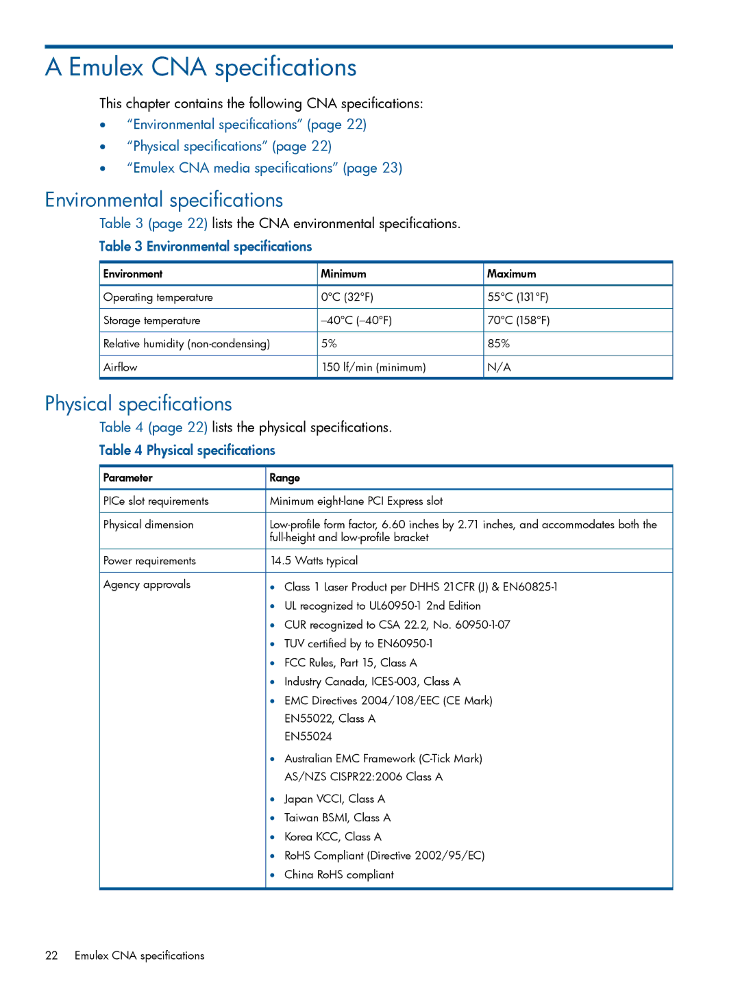 HP CN1100E, CN1000E manual Emulex CNA specifications, Environmental specifications, Physical specifications 