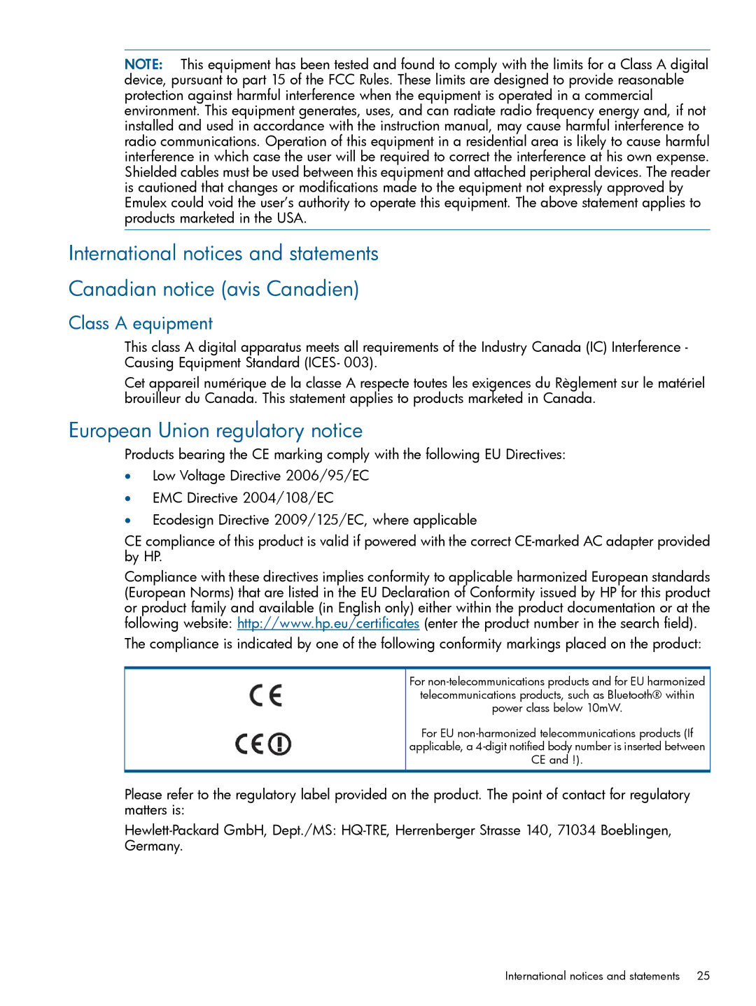 HP CN1000E, CN1100E manual European Union regulatory notice, Class a equipment 