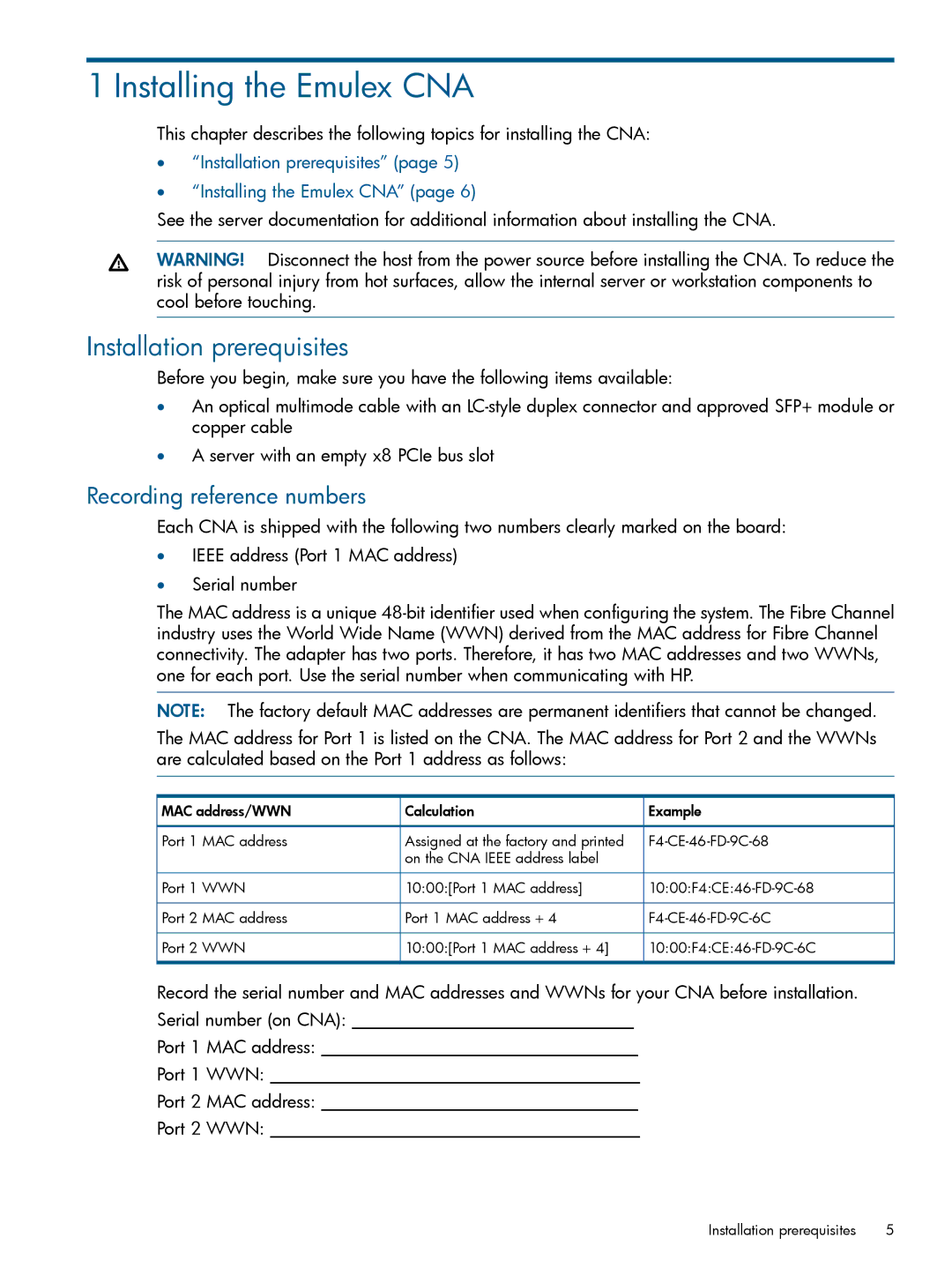HP CN1000E, CN1100E manual Installing the Emulex CNA, Installation prerequisites, Recording reference numbers 