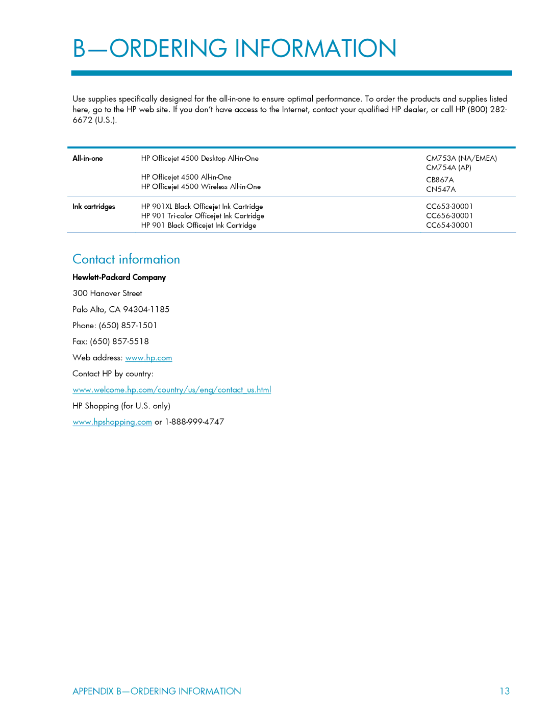 HP CB867A, CN547A, CM754A, 4500 manual Ordering Information, Contact information 