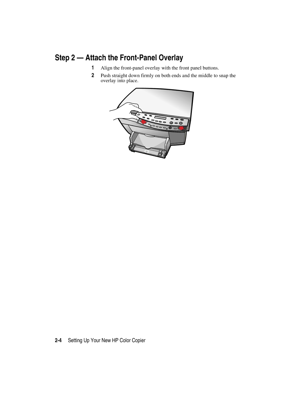 HP manual Attach the Front-Panel Overlay, 4Setting Up Your New HP Color Copier 