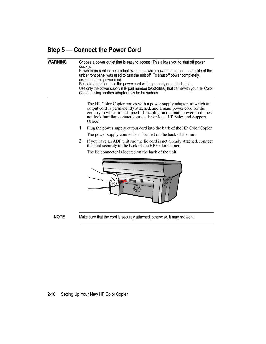 HP manual Connect the Power Cord, 10Setting Up Your New HP Color Copier 