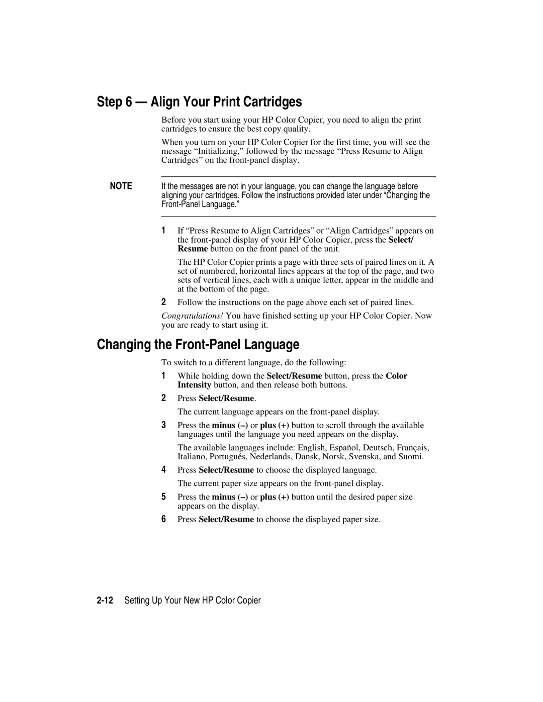 HP manual Align Your Print Cartridges, Changing the Front-Panel Language, 12Setting Up Your New HP Color Copier 