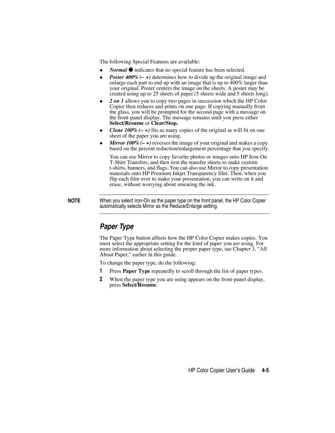 HP Color Copier manual Paper Type 