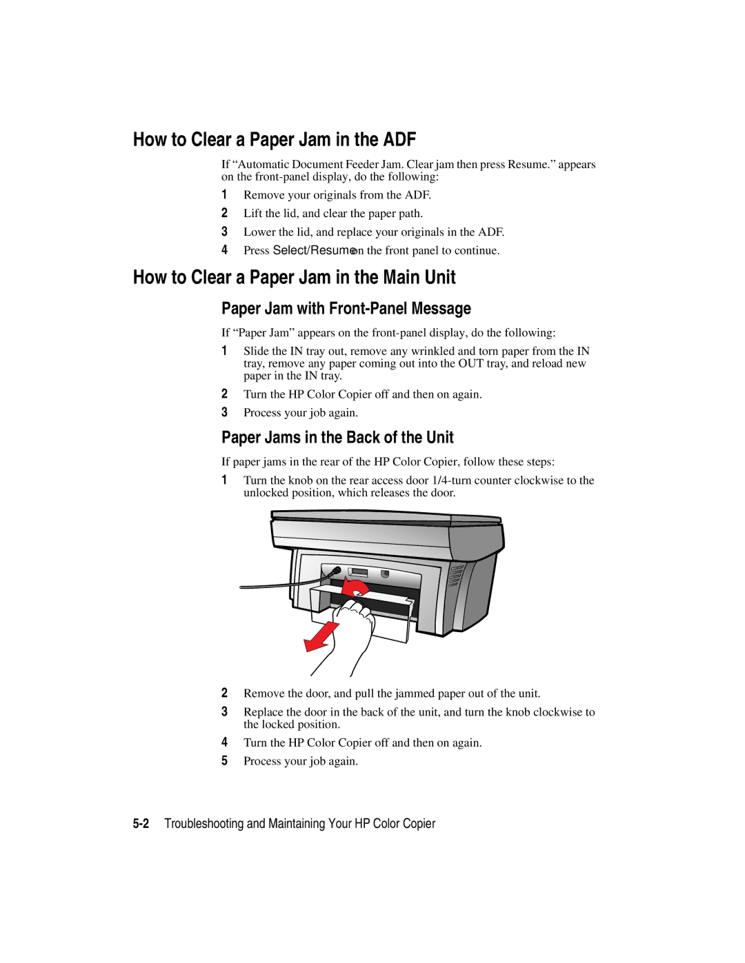 HP Color Copier manual How to Clear a Paper Jam in the ADF, How to Clear a Paper Jam in the Main Unit 