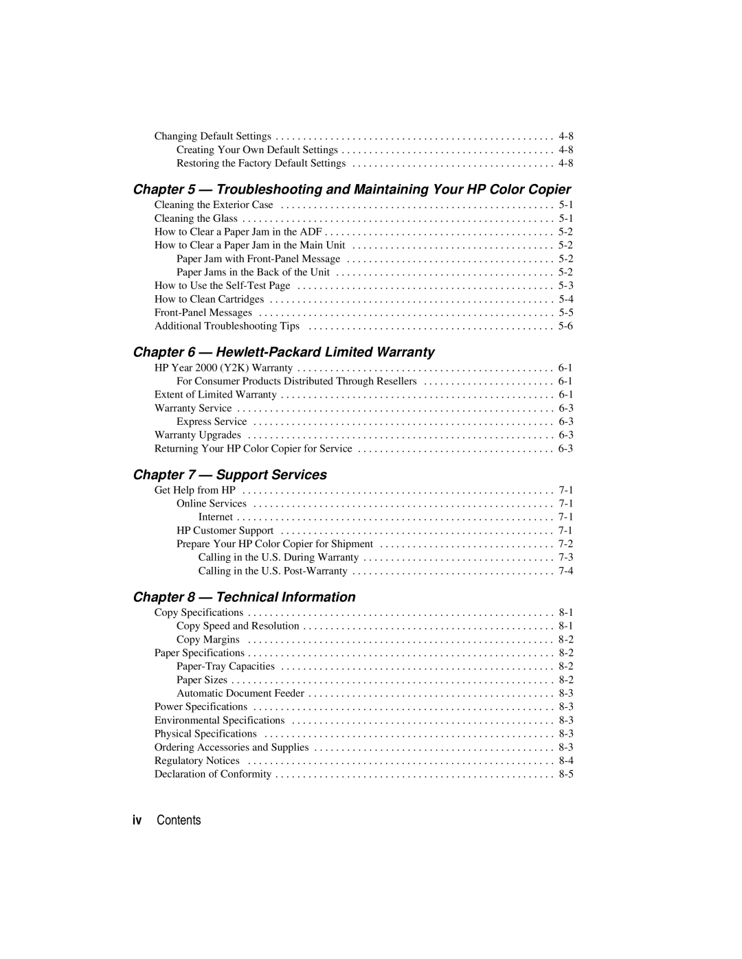 HP manual Troubleshooting and Maintaining Your HP Color Copier, Iv Contents 