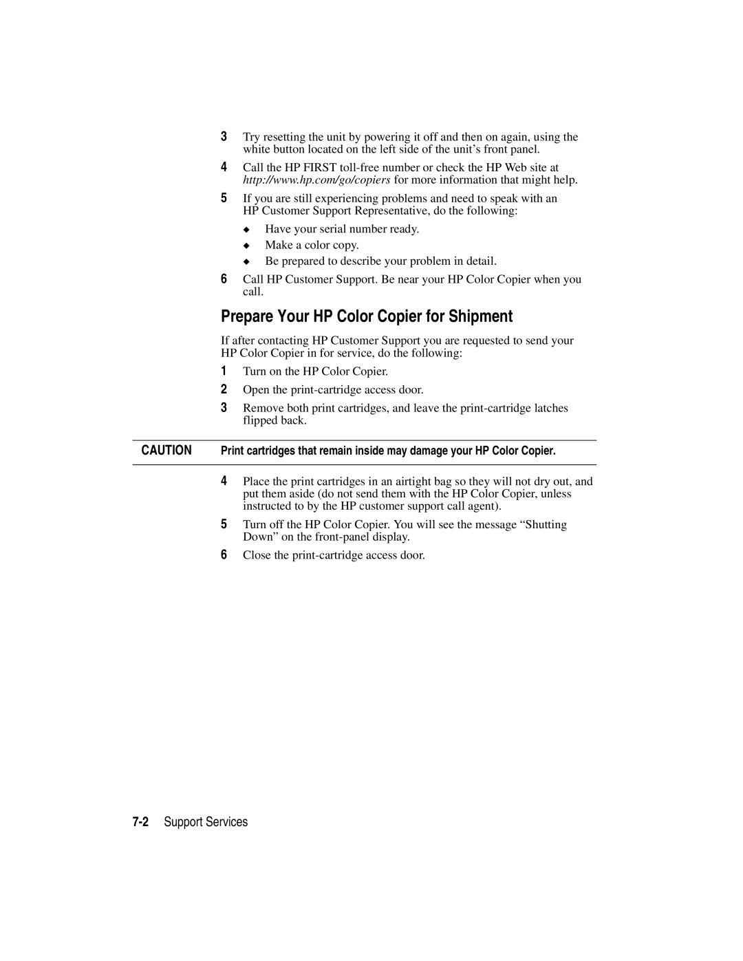 HP manual Prepare Your HP Color Copier for Shipment, 2Support Services 