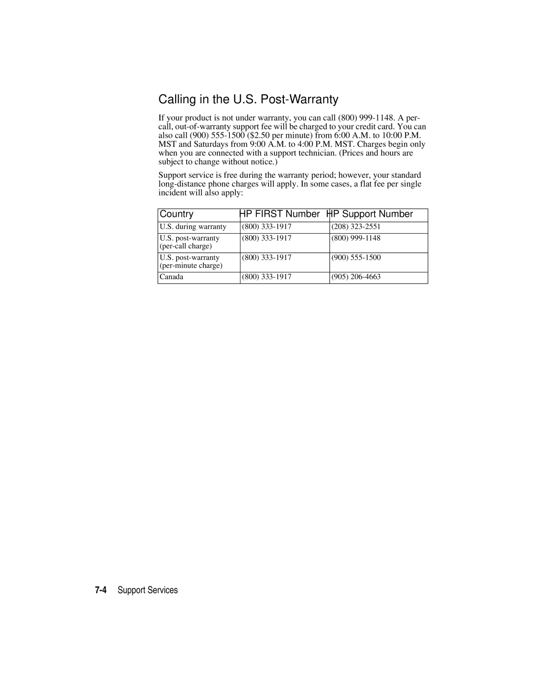 HP Color Copier manual Calling in the U.S. Post-Warranty, 4Support Services 