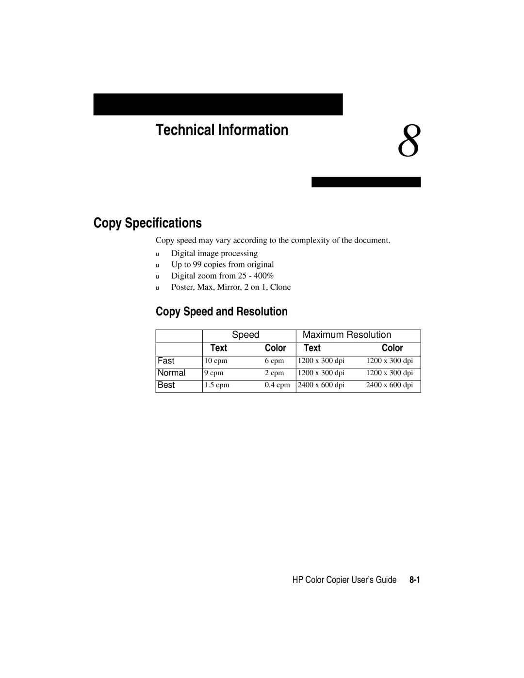 HP Color Copier manual Technical Information, Copy Specifications, Copy Speed and Resolution 