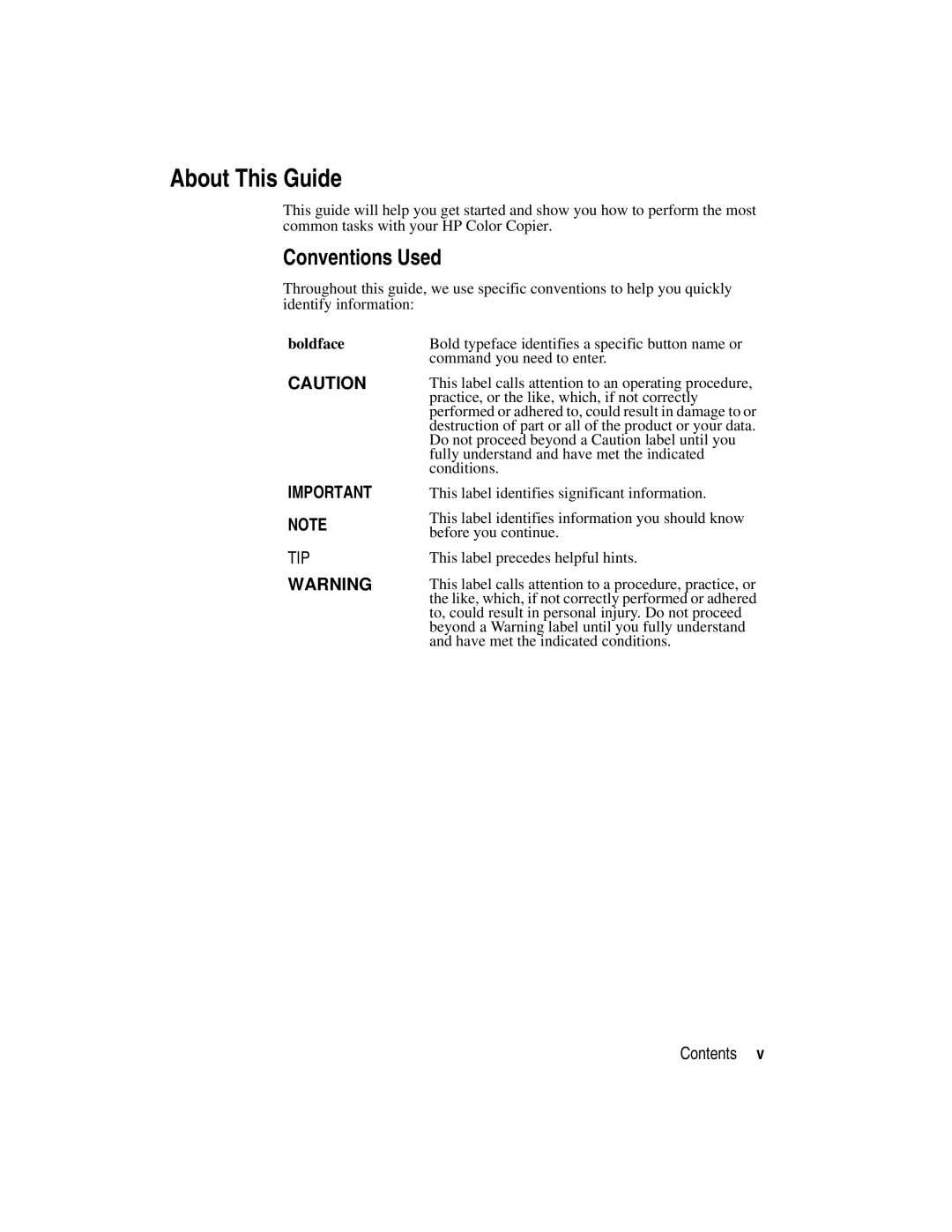 HP Color Copier manual About This Guide, Conventions Used, Contents, Boldface 