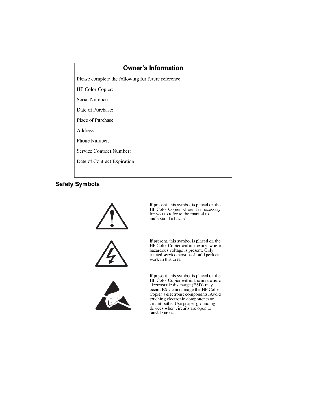 HP Color Copier manual Owner’s Information 