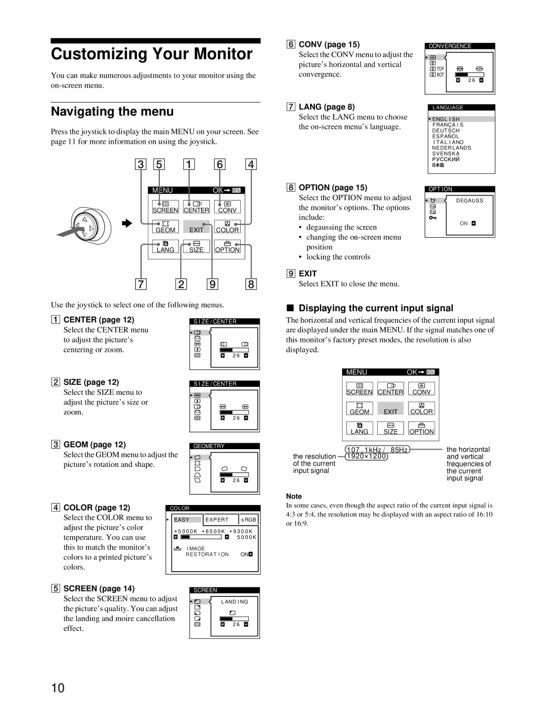 HP Color Display A7217A manual Customizing Your Monitor, Navigating the menu, Displaying the current input signal 