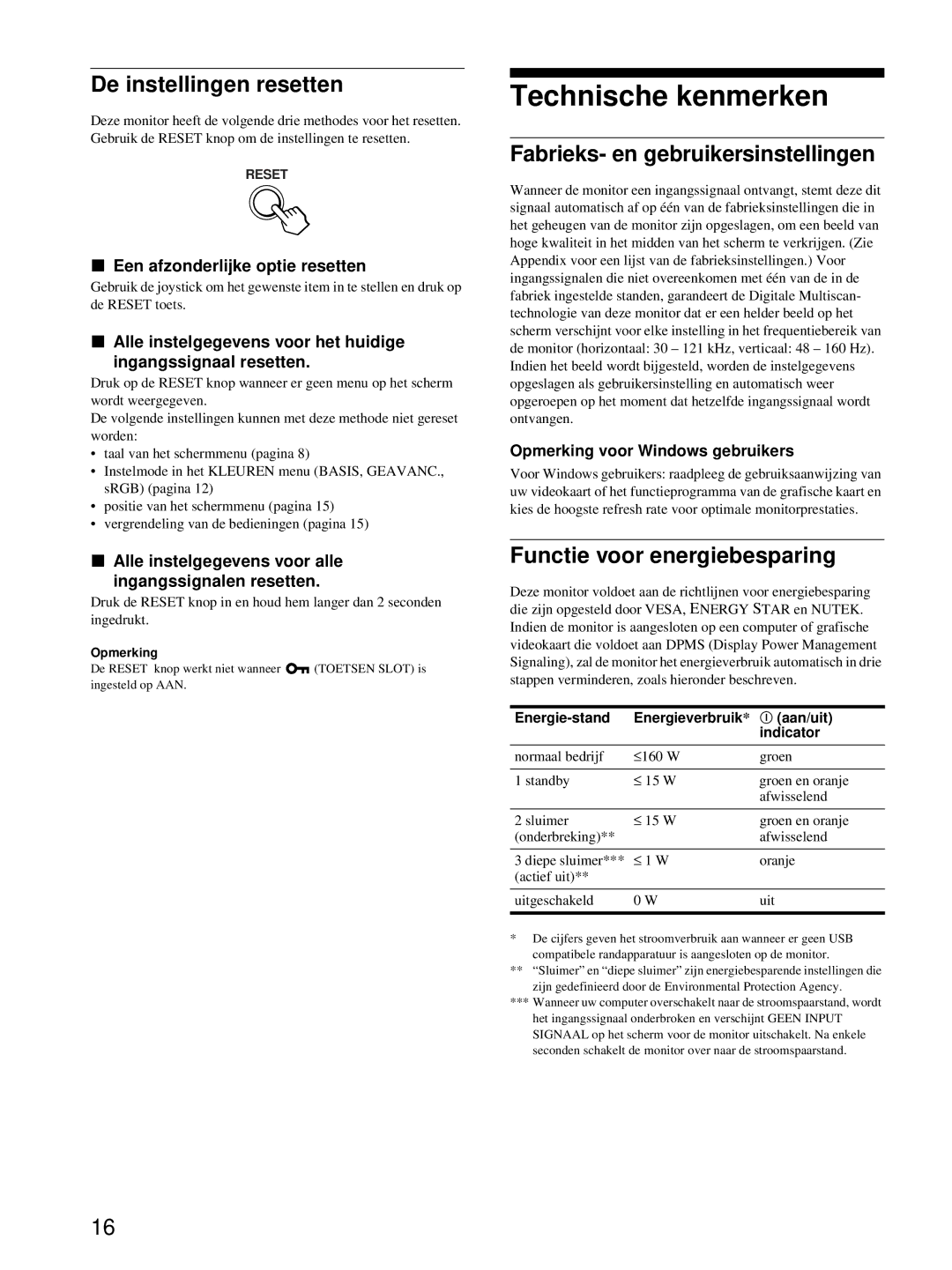 HP Color Display A7217A manual Technische kenmerken, De instellingen resetten, Fabrieks- en gebruikersinstellingen 