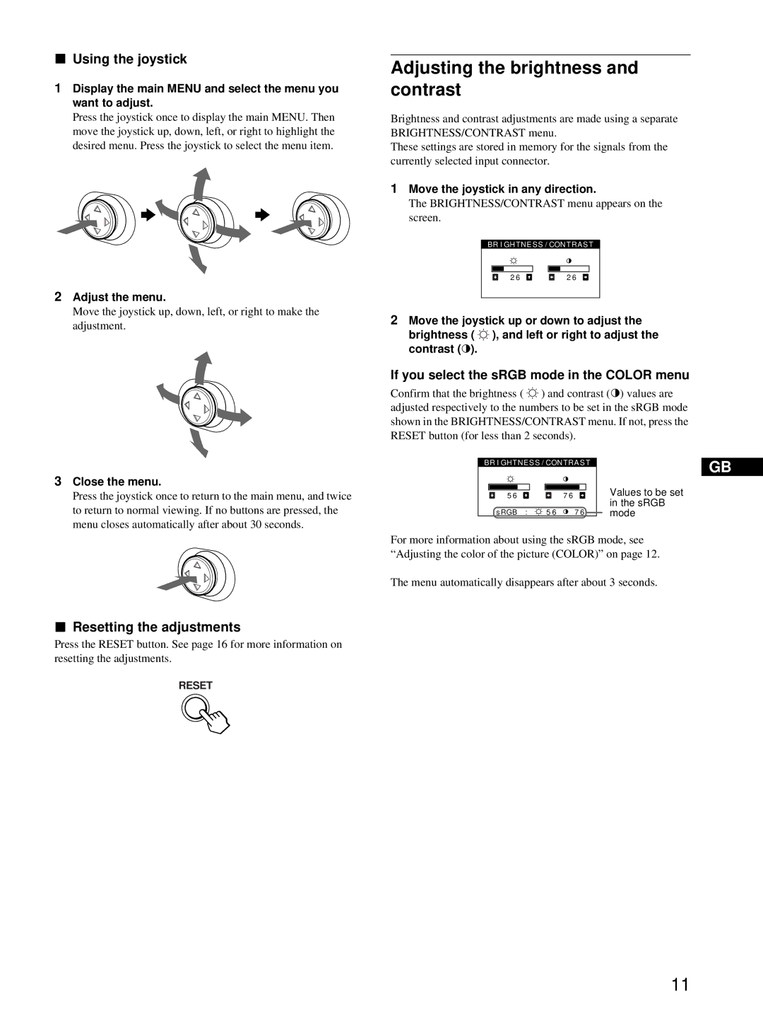 HP Color Display A7217A manual Adjusting the brightness and contrast, Using the joystick, Resetting the adjustments 