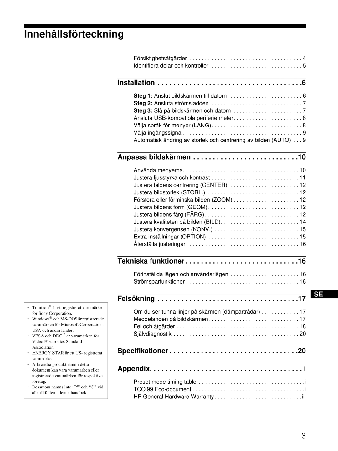 HP Color Display A7217A manual Innehållsförteckning, Anpassa bildskärmen 