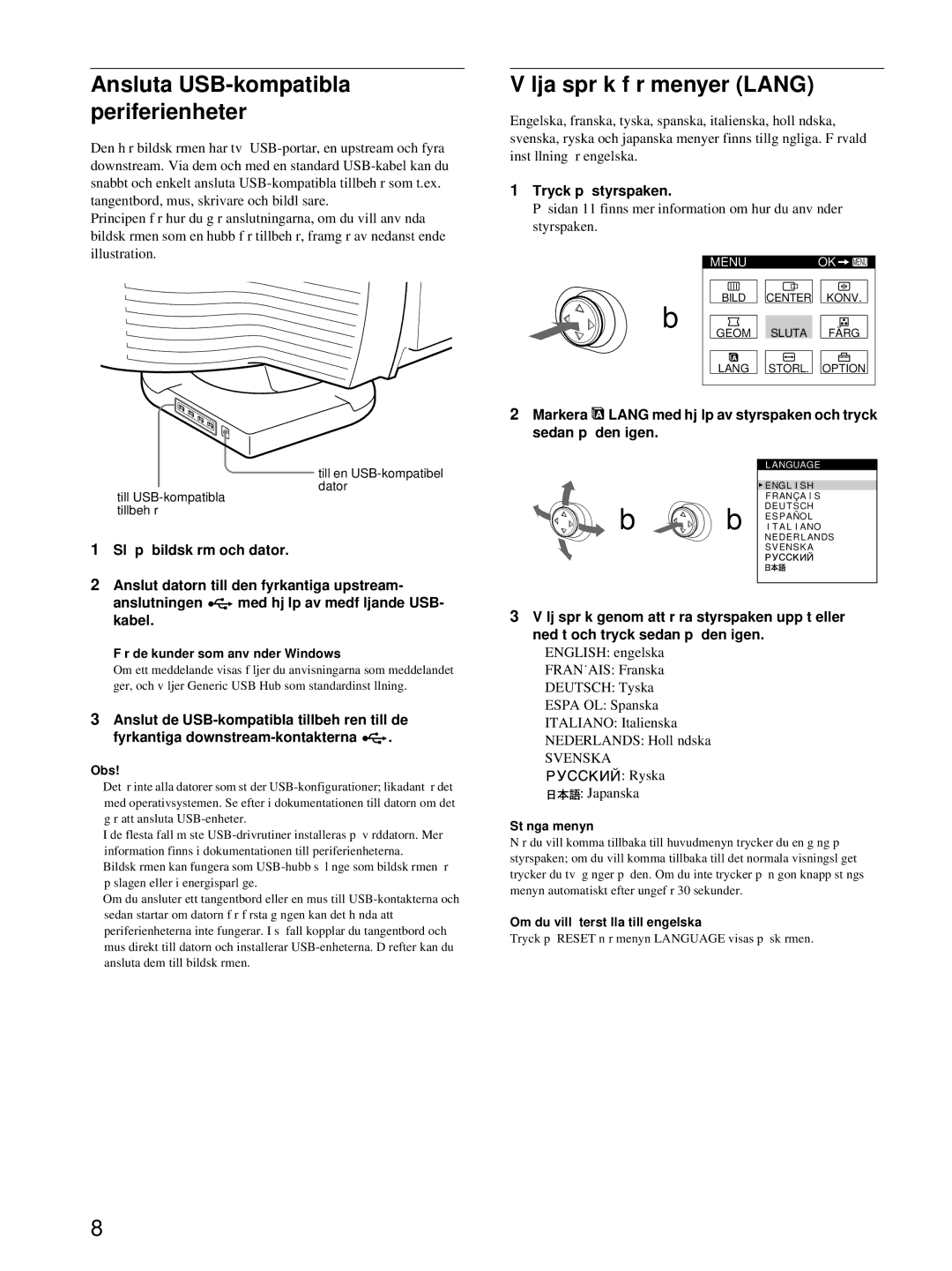 HP Color Display A7217A manual Välja språk för menyer Lang, Tryck på styrspaken, Svenska, Ryska Japanska 